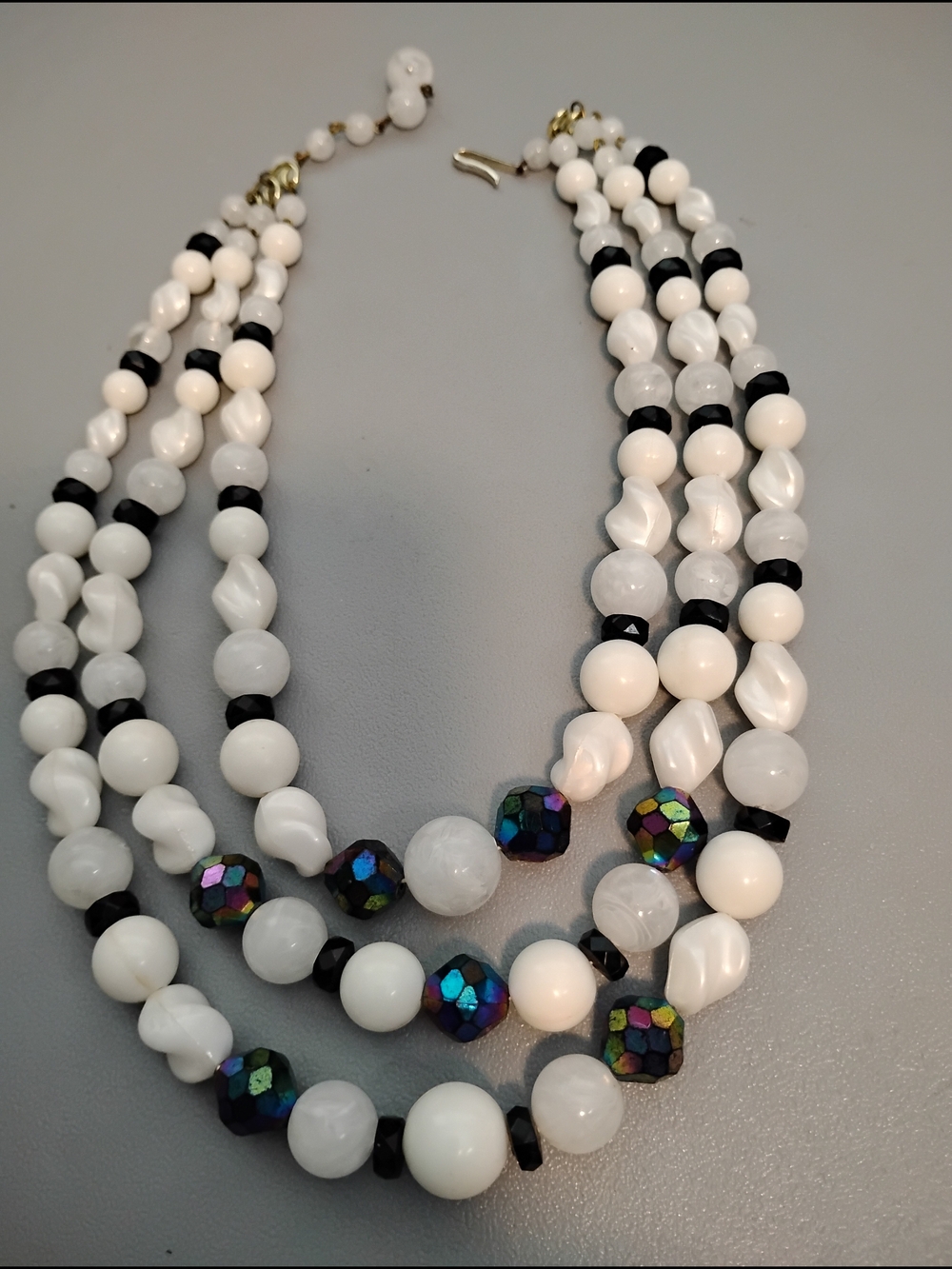 Vintage W.Germany White Lucite Multi-Strand Beaded Necklace with AB Beads